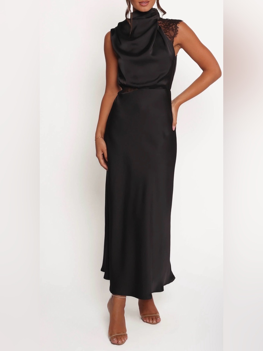 NWT Petal & Pup Anabelle Halter Neck Lace Maxi Dress Black Satin XL
